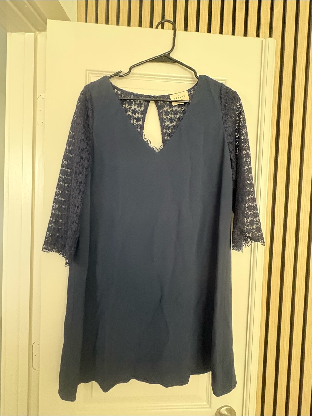 Sézane Navy Lace Sleeve Dress Size 36 Paris French Elegant Shift Dress